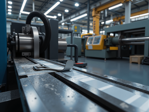 Advanced manufacturing equipment and machinery in modern factory setting, showing CNC machines and automated production line